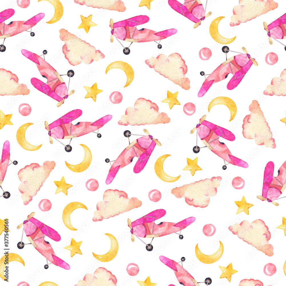 Seamless pattern with pink airplanes, clouds, moon and star on white background. Hand drawn watercolor illustration.