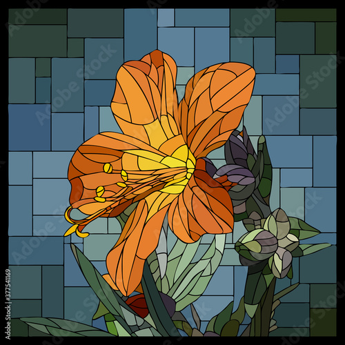 Vector square mosaic with blooming orange cyanosis flower in stained glass window.