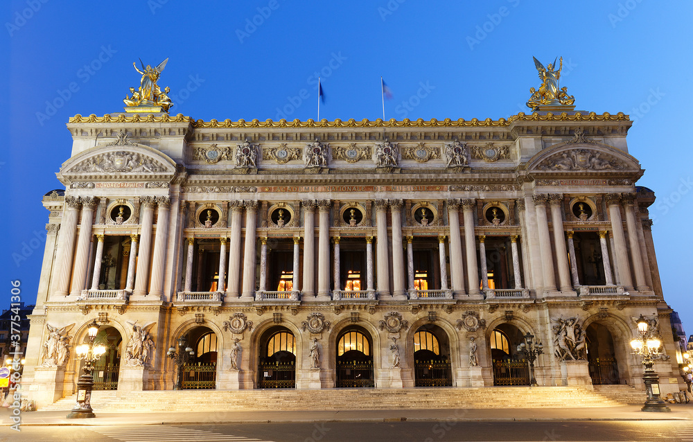 Night front view of the Opera National de Paris. France.