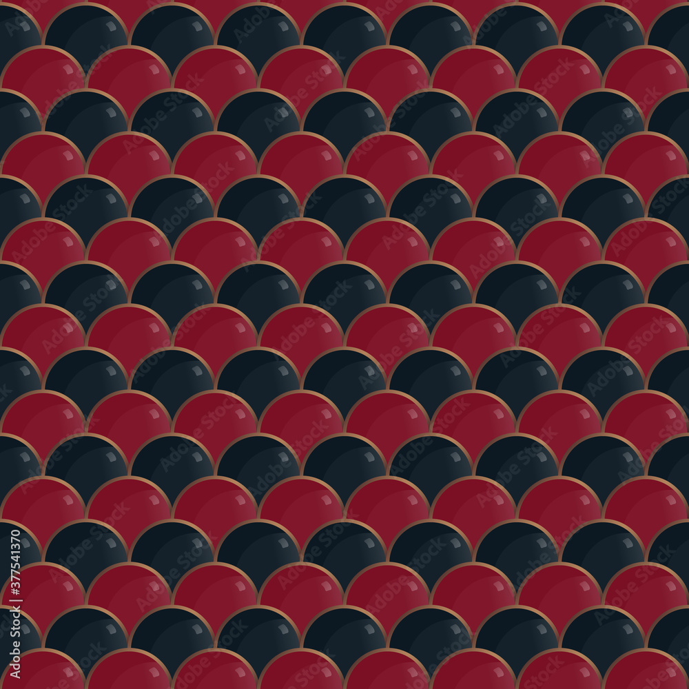 Obraz premium Seamless pattern with repeating circles in dark blue and red, arranged in rows one after another.
