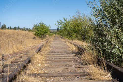 Abandoned railway on countryside close up