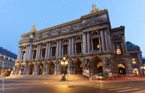 Night front view of the Opera National de Paris. France.