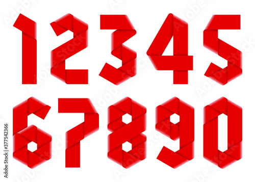 Vector set of numbers made of folded ribbons with hexagonal elements.