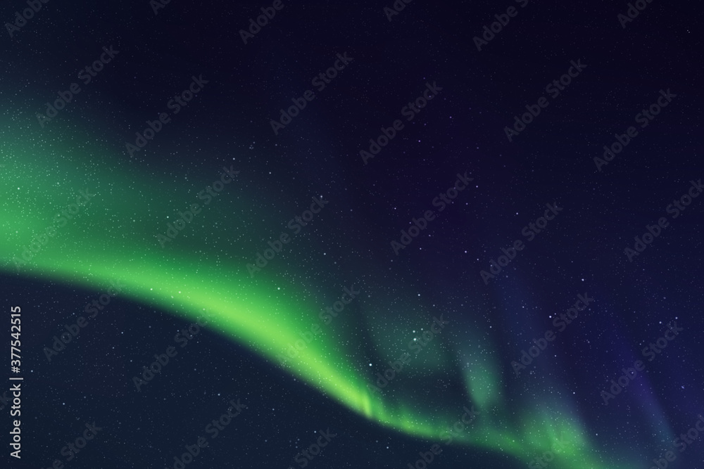 Night starry sky and Northern lights. Green aurora borealis - obrazy, fototapety, plakaty 