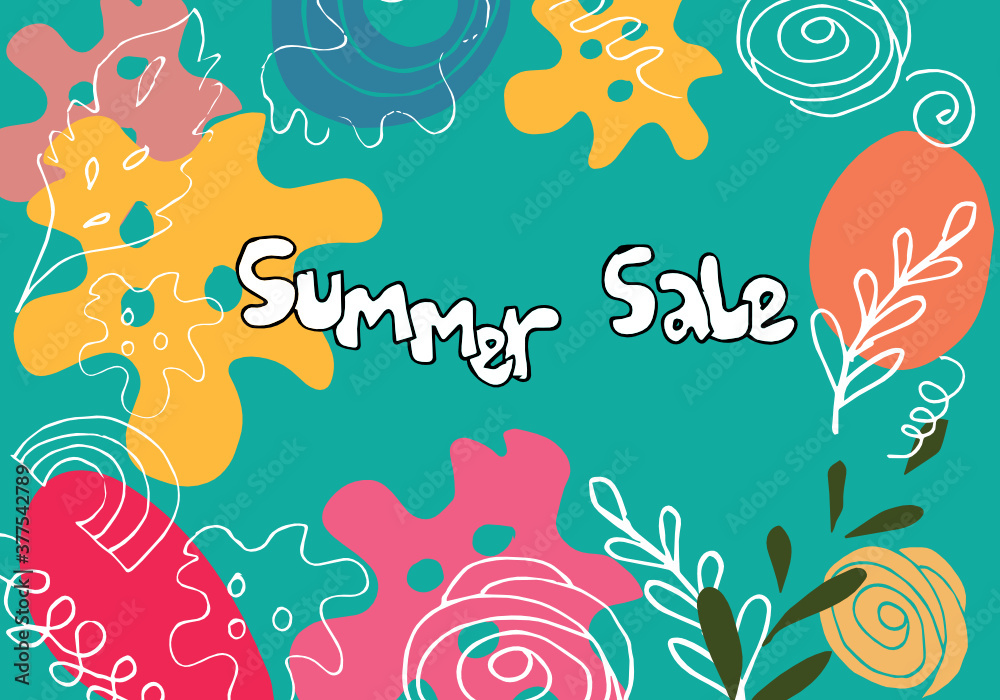 Summer sale banner template.An abstract summer with palm leaves and hand drawn leaves. Tropical background. Promo badge for your seasonal designs.