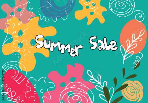 Summer sale banner template.An abstract summer with palm leaves and hand drawn leaves. Tropical background. Promo badge for your seasonal designs.