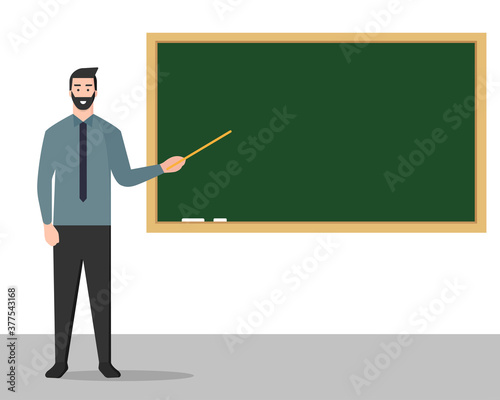 Profesor explicando la clase parado a lado de una pizarra en blanco. Educación en una institución educativa. Estilo plano. Ilustración vectorial photo