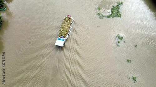 The boat carrying coconuts in the river