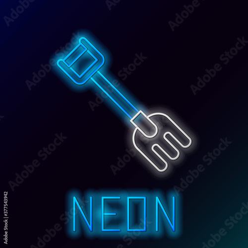 Glowing neon line Garden rake icon isolated on black background. Tool for horticulture, agriculture, farming. Ground cultivator. Housekeeping equipment. Colorful outline concept. Vector.