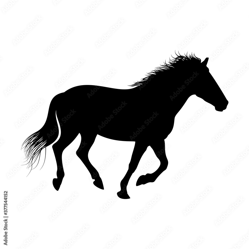 The black silhouette of one galloping horse is isolated on the white background.