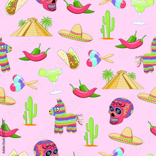 Seamless wallpaper of mexican icons such as a margarita, sugar skull, sombrero, cactus, chills peppers and a mayan temple