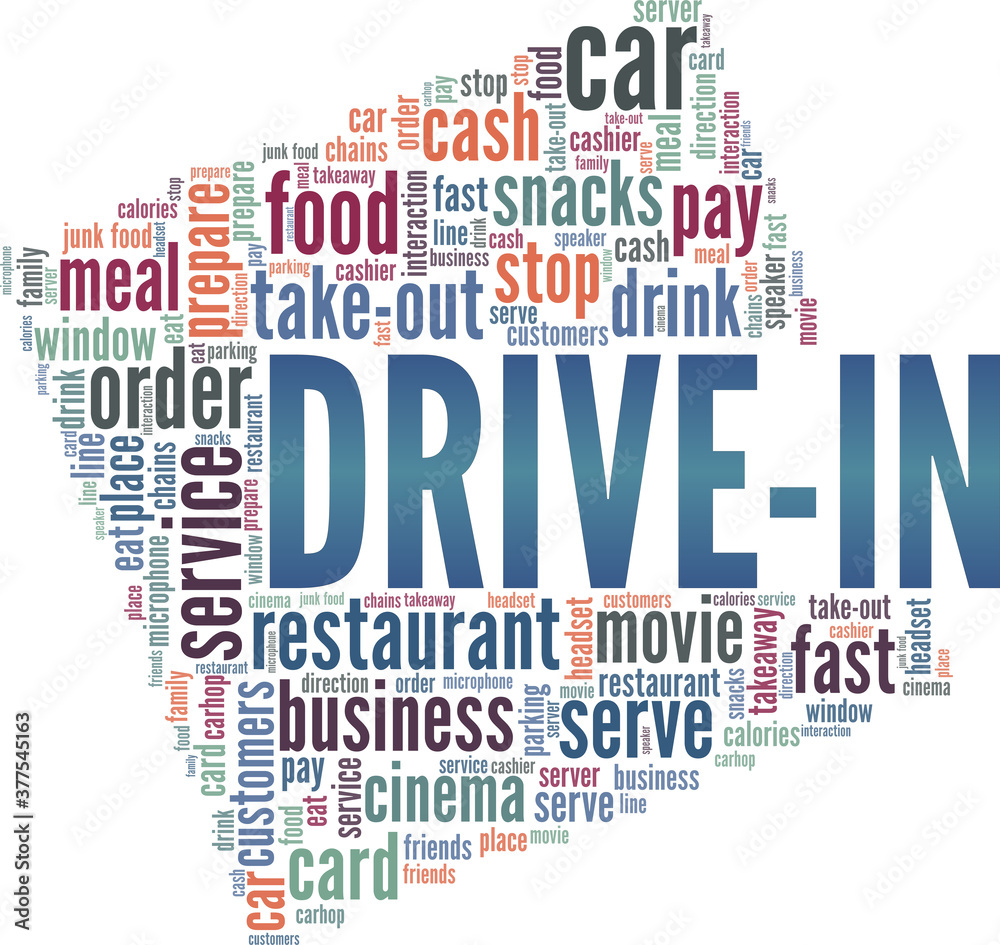 Drive-in vector illustration word cloud isolated on a white background.