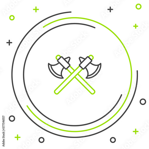 Line Crossed medieval axes icon isolated on white background. Battle axe, executioner axe. Colorful outline concept. Vector.