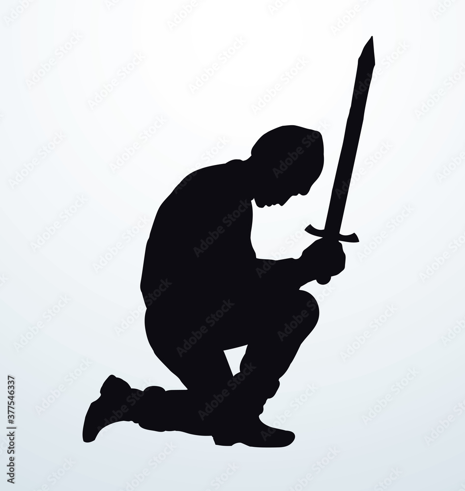 Kneeling knight with a sword. Vector drawing vector de Stock Adobe Stock