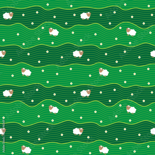 Green seamless pattern with cute wihte sheeps