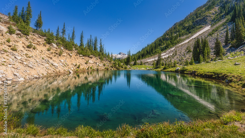 Wide angle view of the alpine lake in the mountains.