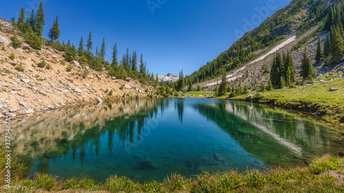Wide angle view of the alpine lake in the mountains. photo