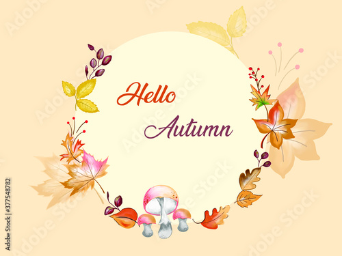 Hello autumn floral watercolor illustration. Colorful autumn banner with maple leaves, mushroom and other autumn elements.
