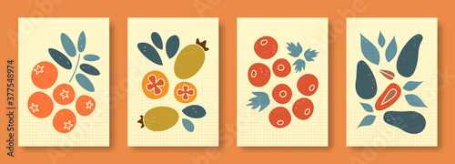 Vector illustration abstract still life in pastel colors. Collection of contemporary art. Vector set of berries mountain ash, feijoa, viburnum, dogwood for social media, posters, postcards.