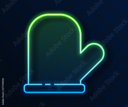 Glowing neon line Oven glove icon isolated on blue background. Kitchen potholder sign. Cooking glove. Vector.