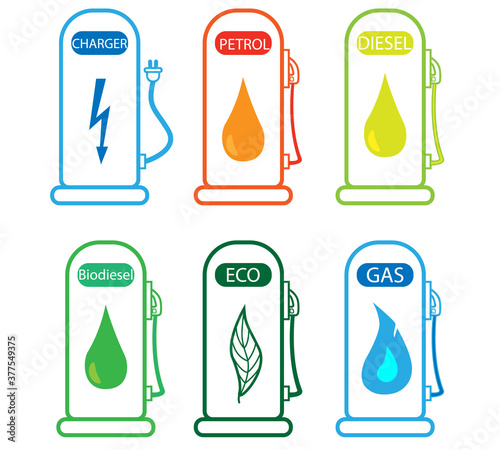 set of icons, symbols of various types of gas stations (electric charging, petrol, diesel, gas, biodiesel, eco gas station)