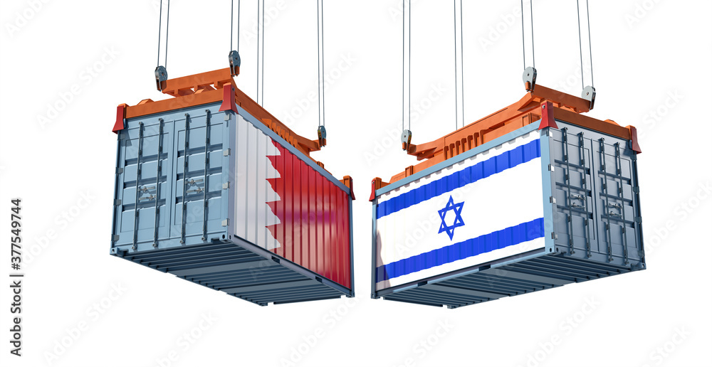 Freight containers with Bahrain and Israel flag. 3D Rendering 