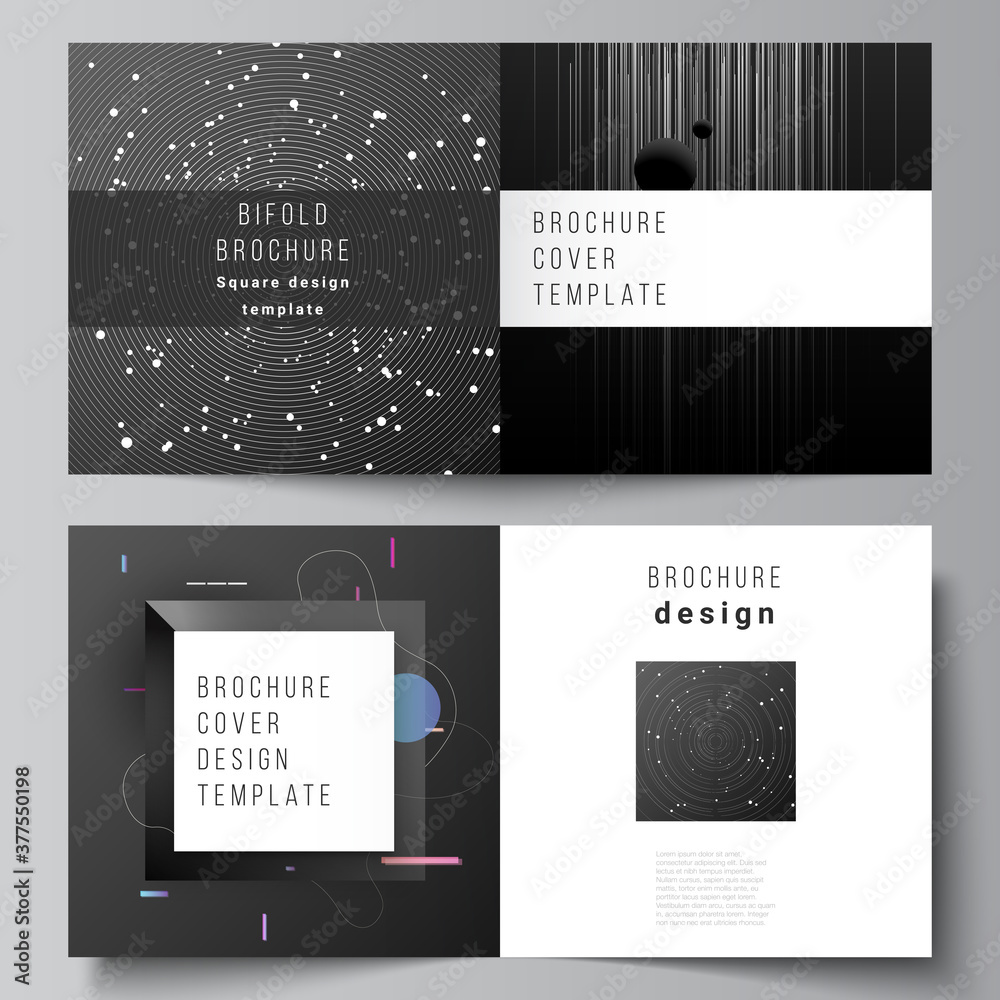 Vector layout of two covers templates for square design bifold brochure, flyer, magazine, cover design, book design, brochure cover. Tech science future background, space astronomy concept.