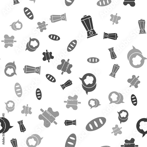 Set Blender, Bread loaf, Chef hat in speech bubble and Rolling pin on dough on seamless pattern. Vector.