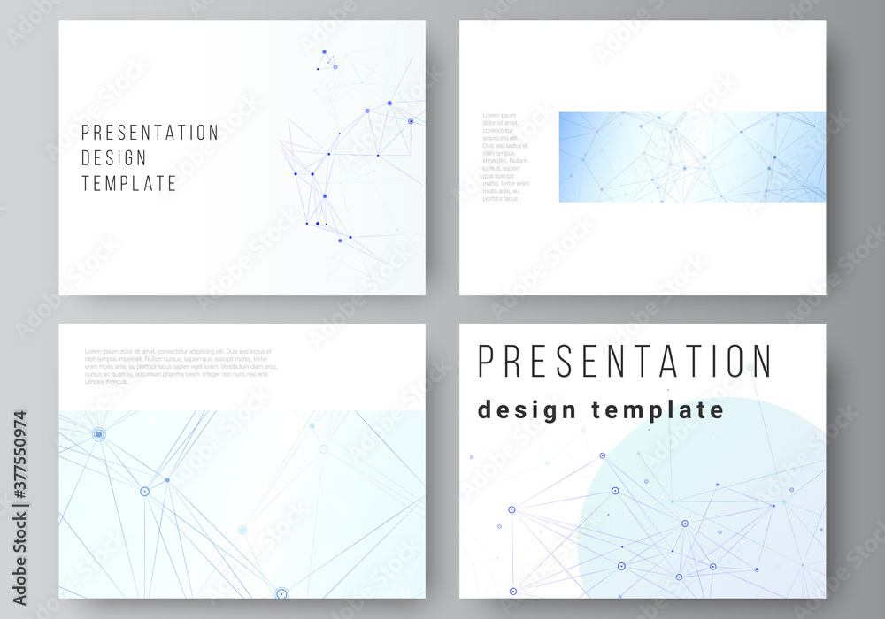 Vector layout of presentation slides design business templates, multipurpose template for presentation brochure, brochure cover, report. Blue medical background with connecting lines and dots, plexus.