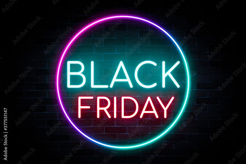 Black Friday sale neon flash light, bright signboard, season sale,discount price tag,neon sign,  light banner.