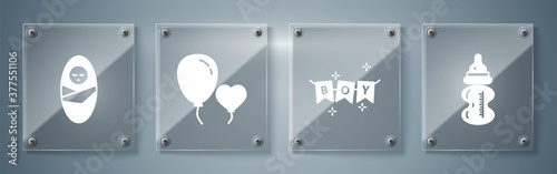 Set Baby bottle, Carnival garland with flags, Balloons in form of heart and Newborn baby infant swaddled. Square glass panels. Vector.