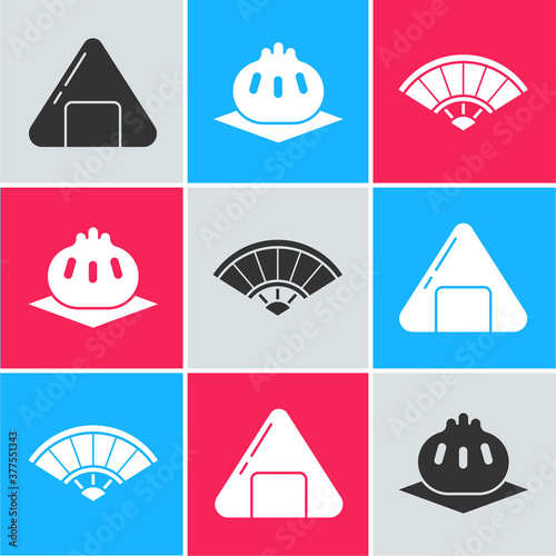 Set Sushi, Khinkali on cutting board and Paper chinese or japanese folding fan icon. Vector.