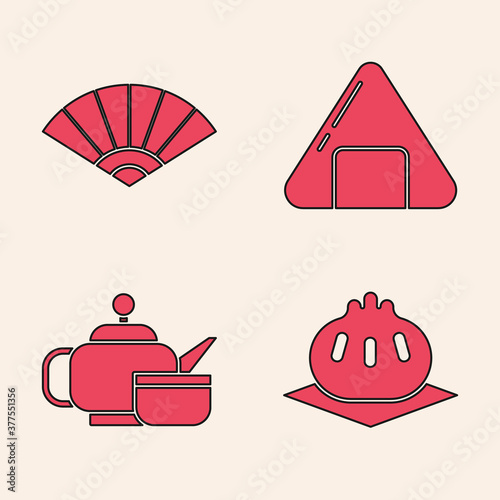 Set Khinkali on cutting board, Paper chinese or japanese folding fan, Sushi and Japanese tea ceremony icon. Vector.