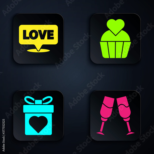 Set Glass of champagne, Speech bubble with text love, Gift box with heart and Wedding cake with heart. Black square button. Vector.