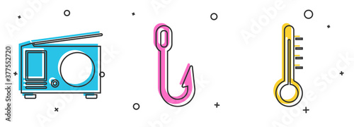 Set Radio with antenna, Fishing hook and Meteorology thermometer icon. Vector.