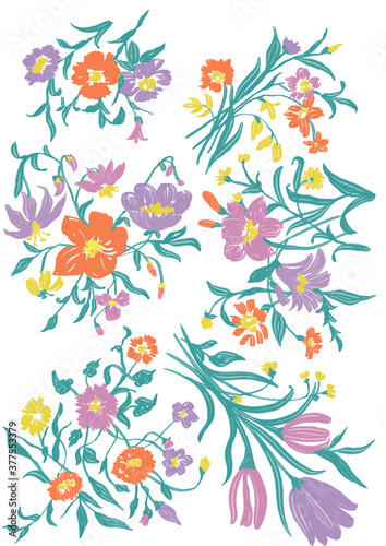 digital flower illustration with multicolor flowers and leaves 