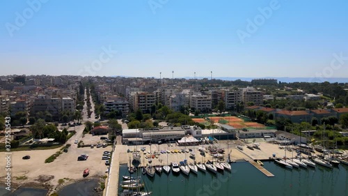 Drone shot over a marina in Thessaloniki, Greece during summer