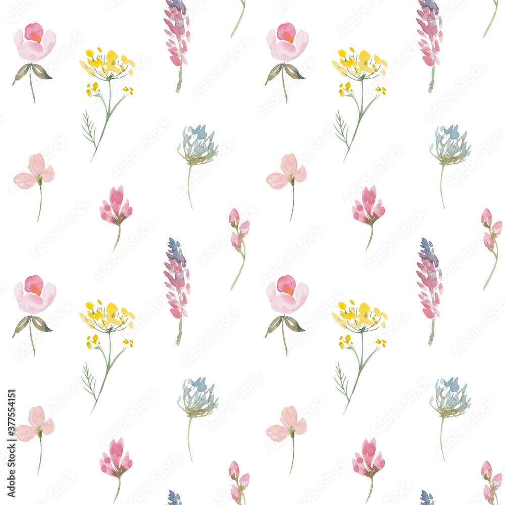 Wild colorful flowers seamless watercolor pattern. Blooming botanical motifs scattered random. Trendy colorful texture. fathion trend print. hand drawn flowers