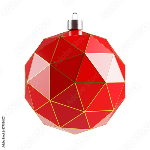 Chritmas red and gold tree toy ball ornaments. Geometric Polygon decoration. 3D render isolated on white background.