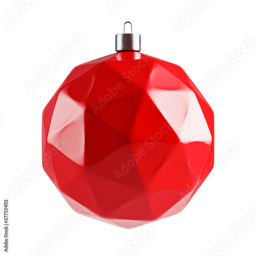 Chritmas red ree toy ball ornaments. Abstract Geometric Polygon decoration. 3D render isolated on white background.