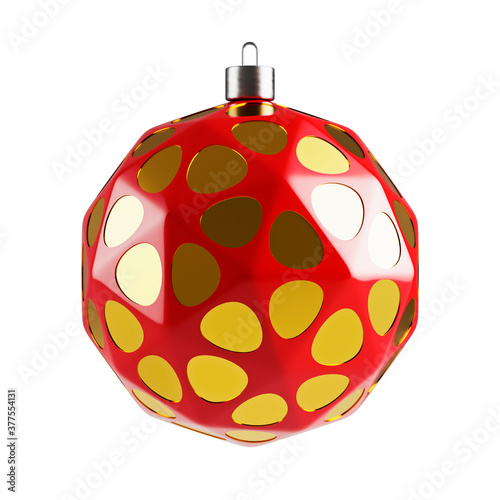 A Christmas Tree red and gold Ornament. 3D render isolated on white background.
