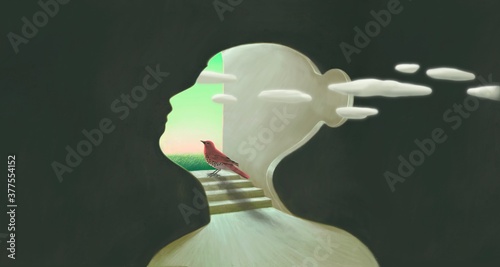 Obraz na plátně Conceptual illustration, Bird looking at the sky in woman head, imagination hope