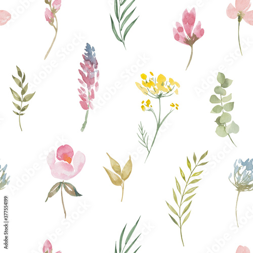 Wild flowers and leaves seamless pattern. Blooming botanical motifs scattered random. fathion trend print. watercolor hand drawn flowers