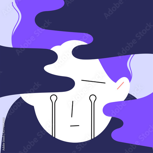 Flat vector portrait of a depressed woman crying. Dark clouds as a depression metaphore. Depression anxiety mental disorders