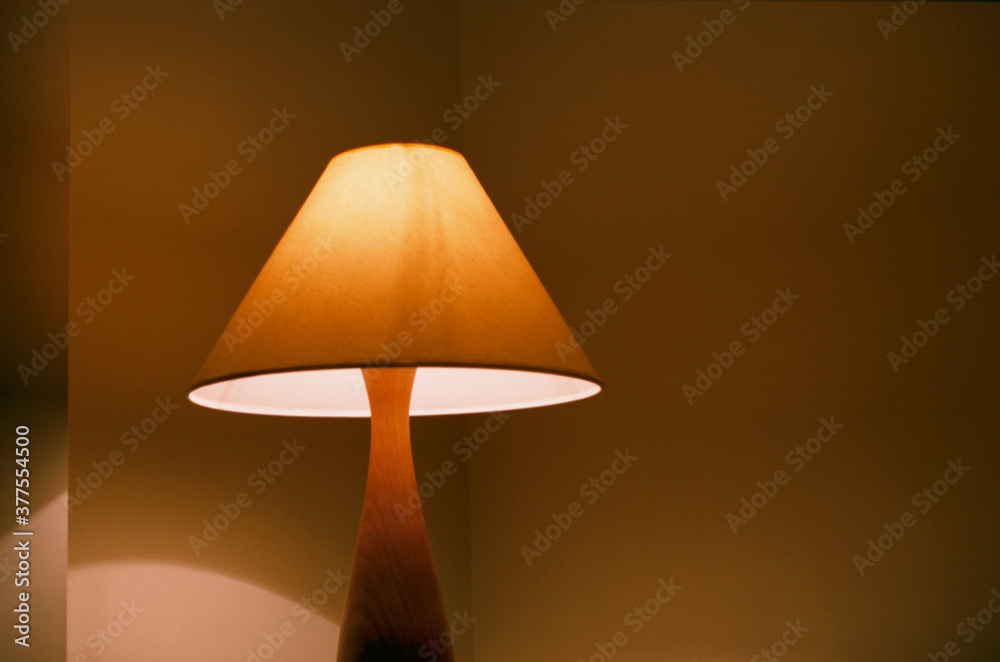Beautiful floor lamp indoors in the evening near the yellow wall. The real grain of the scanned film. Beautiful floor lamp indoors in the evening near the yellow wall. The real grain of the scanned film.