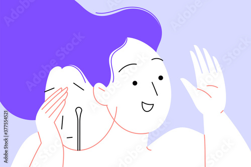Flat illustration of a depressed woman who is trying to look normal. One face is happy and outgoing and another face is sad and crying. Face of depression