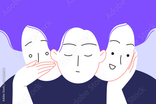 Flat illustration of a woman with bipolar disorder or borderline personality disorder. Three faces: anxios, neutral and joyful. Emotional dualism photo
