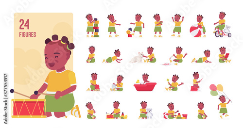 Fototapeta Naklejka Na Ścianę i Meble -  Toddler child, little black girl playing with toys character set, pose sequences. Cute healthy baby age 12, 36 months, wearing summer dress. Full length, different views, gestures, emotions, positions