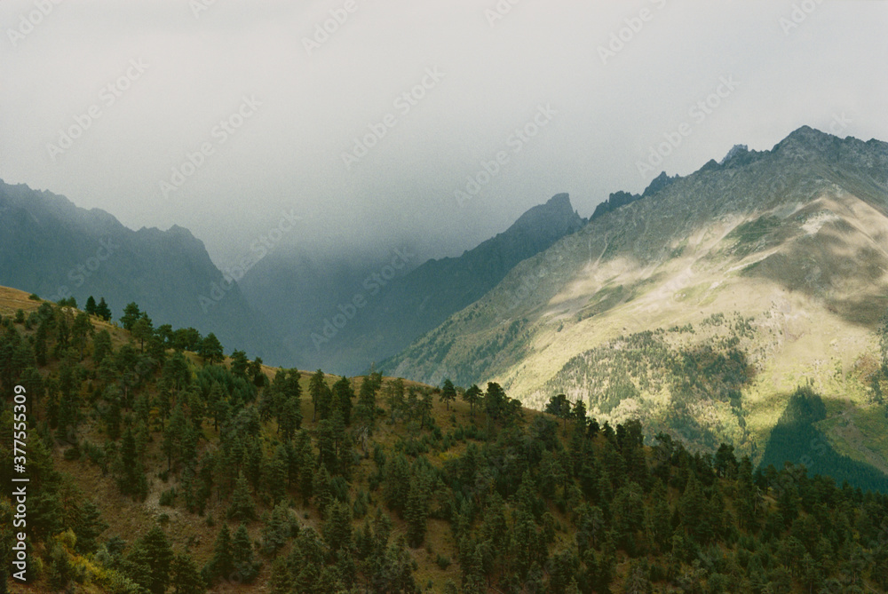 Panoramic view of the mountains of Svaneti near the town of Mestia in Georgia.
