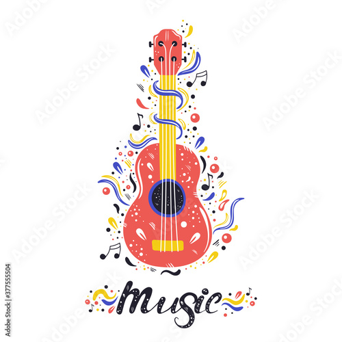 Hand drawn cartoon style ukulele with notes, ribbons  and lettering text around it. Small guitar, string music instrument. Bright, colorful, abstract design for poster, t-shirt, banner, card, cover.